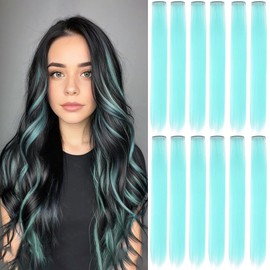 12 Pcs Mint-Blue hair extensions 22 Inch Straight colored hair colorful clip in extensions Highlight Party for Kids Girls and Women Gift (Mint-Blue,14)