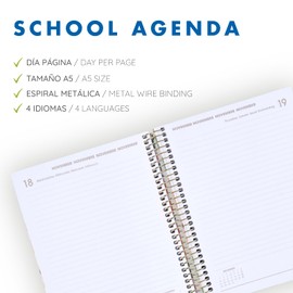 Q Kalon - Agenda Scolastica 2026 2027 - Da Settembre a Giugno, Giorno per Pagina, A5 (15x21 cm), 4 Lingue: ING, SPA, FRA e TED, Chiusura a Spirale, Copertina Rigida - Marea