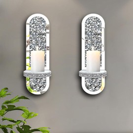 ZOLAPI Set of 2 Crystal Crush Diamond Candle Sconces, Gorgeous Silver Mirrored Wall Sconce,Oval Candle Holder Glass Wall Decorations for Home Décor, Living Room, Dining Room.
