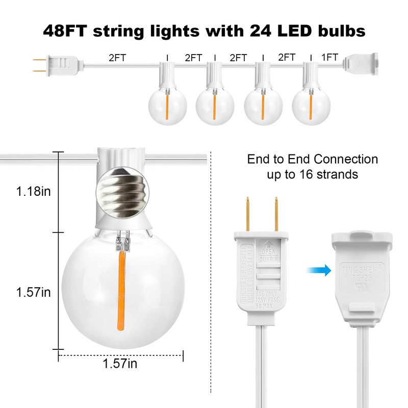 SUNTHIN White Outdoor String Lights, 48FT White Patio Lights with