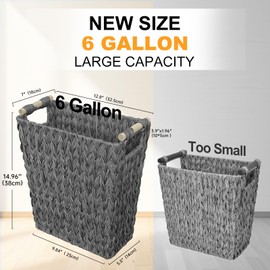 Coeusy Wicker Trash Can,Wicker Waste Basket for Bathroom,Waterproof Bathroom Garbage Can,6 Gallon Wicker Trash Basket with Handle,Narrow Small Trash Can for Bedroom,Office,Kitchen,Grey