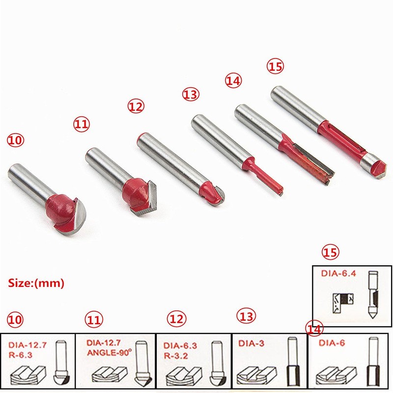 Malayas 15pcs Router Set 1/4" Shank Tungsten Carbide Milling Cutter