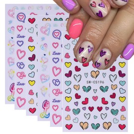 6 Sheets Valentines Day Nail Art Stickers 3D Self Adhesive Heart Nail Stickers for Nail Art Designs Valentines Heart Nail Decals Cute Colorful Heart Nail Supplies for Women Nail Decorations