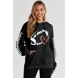 Game Day Hooded Sweatshirt Women Funny Football Graphic Sweatshirt Waffle Knit Game Day Pullover Hoodies Long Sleeve Black
