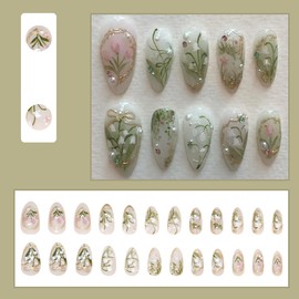 24Pcs Handmade Green Press on Nails Medium Almond Fake Nails 3D Pearl Rhinestones Design Spring Flower Acrylic Nails Gold French Lines False Nails Summer Floral Full Cover Glue on Nails for Women Girl