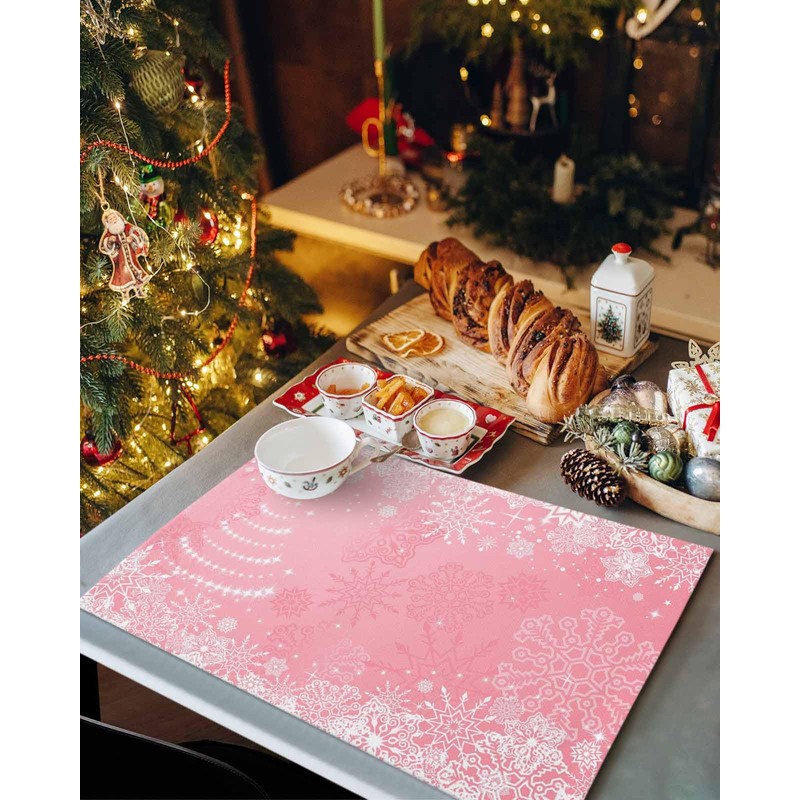 Christmas Pink Placemats Set of 4, Winter White Snowflake Place