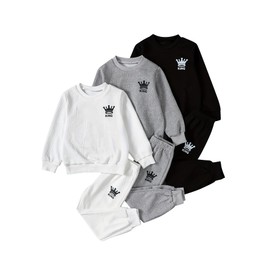 Fdqin Boys Clothes Set 6 Piece Waffle Sweatshirt and Sweatpants Little Boys Fall Winter Clothing White/Grey/Black 4-5 Years