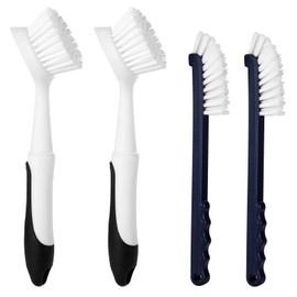Cepillo para platos con asa, paquete de 2 cepillos para fregar platos con raspador integrado y 2 cepillos de lechada, cepillos de cocina para platos, 