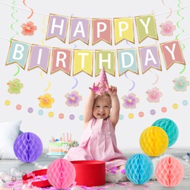 Colorful Happy Birthday Banner Decorations Kit for Women Girls, Pre-Strung Birthday Party Decorations with Happy Birthday Sign Banner, Tissue Paper Pom Poms, Circle Dot Garland, Hanging Decoration