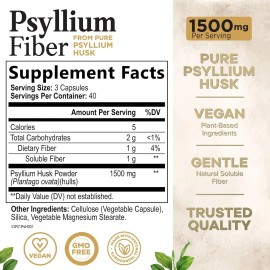 Health Nutrition Naturals High Absorption Psyllium Husk Capsules 1500mg Daily Fiber Supplement, Psyllium