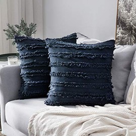 MIULEE Set of 2 Decorative Boho Throw Pillow Covers Cotton Linen Striped Jacquard Pattern Cushion Covers for Sofa Couch Living Room Bedroom 22x22 Inch Navy Blue