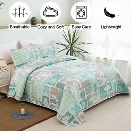 DJY 2 Pieces Quilt Set Twin Coastal Green Theme Quilt Coverlet Set Beach Reversible Bedspread with 1 Pillow Shams Soft Microfiber Coastal Bedding Quilt Set for All Season 68"x86"