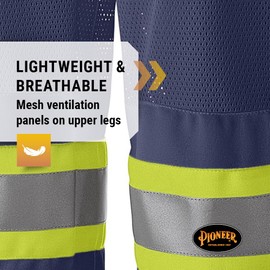 Pioneer Hi Vis Safety Traffic Work Pants for Men - Breathable Mesh Panels - Boot Access - Pockets - Class 3 - Navy Blue