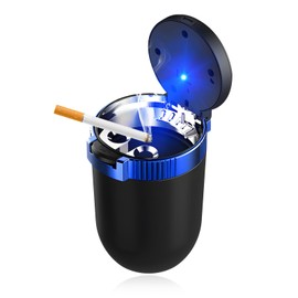 ZNDAW Car Ashtray with Lid, Smokeless Stainless Steel Vehicle Ash Tray with LED Light, Easy Clean Up Detachable Cylinder Ashtray Portable Trash Can for Road Trip, Car Accessories (Blue)