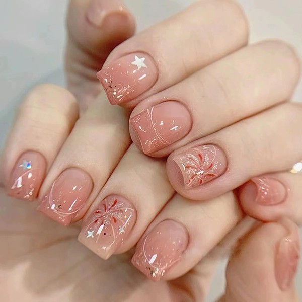 RUPOFUZA Press on Nails Short Square Fake Nails Pink False