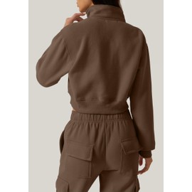 QINSEN Ladies Turtleneck Zipper Front Crop Top Long Sleeve Mock Neck Sweatshirt Chestnut L