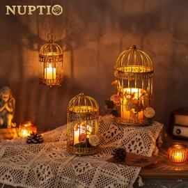 NUPTIO Decorative Candle Lanterns Gold: 3 Set of Tiered Metal Birdcage Lantern Centerpiece Stand Vintage Moroccan Style Brass Pillar Candle Holder for Christmas Weddings Birthday Party Table Decor