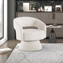 Lexicon 360 Degree Swivel Accent Chair, Modern Comfy Corduroy Round Barrel Chair, Open Back, Plush Foam Cushions, Metal Swivel Base for Living Room/Bedroom/Office, Beige