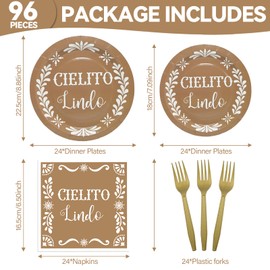 96 Pcs Cielito Lindo Baby Shower Tableware, Mexican Theme White Talavera Baby Girl Shower Party Decoration Paper Plates Napkins Forks Serves 24