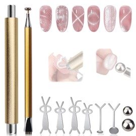 Plman Double-Head Cat Eye Nail Magnet Set, Nail Magnet Tool with Cat Eye Nail Magnet Beads and Nail Magnet Guides, Double-Side Flower Design Nail Magnetic Pen, Cat Eye Magnet for Nail Art DIY (Gold)