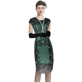 Women's 1920s Sequins Flapper Gatsby Cocktail Dress with 20s Headband Accessories Set (XXL, Green)