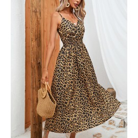 Spevert Womens Summer Maxi Dress Sleeveless Leopard Print Spaghetti Strap Casual V Neck Ruffle A Line Boho Beach Long Dress (US, Alpha, Small, Regular, Regular, Brown)