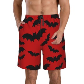 Mens Quick Dry Swim Trunks with Mesh Lining,Bat Seamless Pattern on red,Summer Surf Long Beach Pants Board Shorts Bathing Suits L