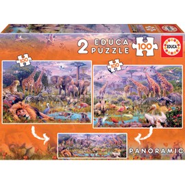 Educa - Puzzle 100 Pieces | Wild Animals, 2 x 100 Pieces Panorama Puzzle for Children from 6 Years, Animal Puzzle (18606)
