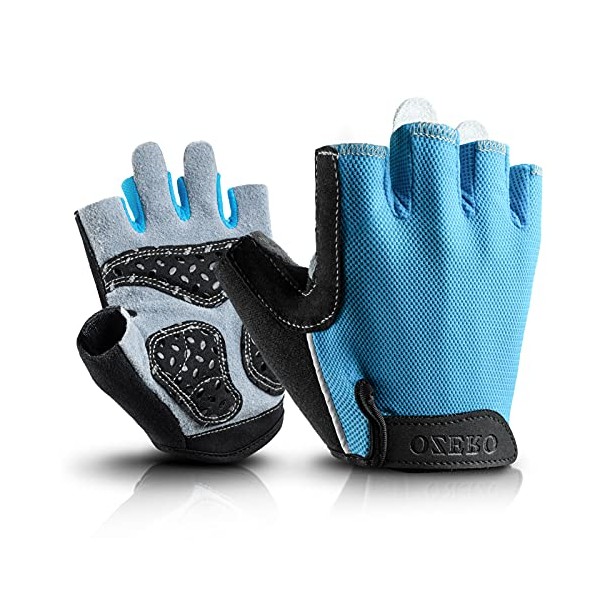 OZERO Bike Gloves Breathable Deerskin Leather Palm and Shockproof Gel Pads, Half Finger Glove for Road Cycling/Mountain Bike/Weight Lifting/Gym/Motorcycle Riding, Fit for Men and Women Blue Medium