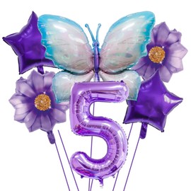 40-Inch Purple Number 5 Balloons Set, Butterfly Birthday Party Decorations, Butterfly Balloons foil, 5th Birthday Decorations for Girls, Butterfly Baby Shower Decorations. (Purple 5)