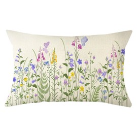 Butterfly Wildflowers Spring Throw Pillow Cover, 12 x 20 Inch Flower Purple Cushion Case Decoration for Sofa Couch