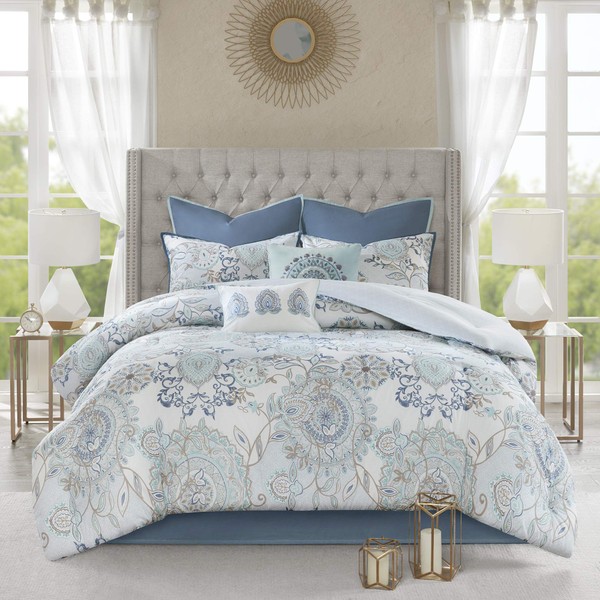 Madison Park Reversible Cotton Comforter Season Set, Matching Bed Skirt, Decorative Pillows, King(104"x92"), Isla, Floral Medallion Blue 8 Piece