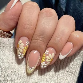 FNKFNK French Tip Press On Nails Medium Almond Fake Nails with Design Cute Bow Yellow Daisy Glue on Nails Glossy Spring Summer Stick on Nails Reusable Glue on Nails for Women Manicure 24Pcs