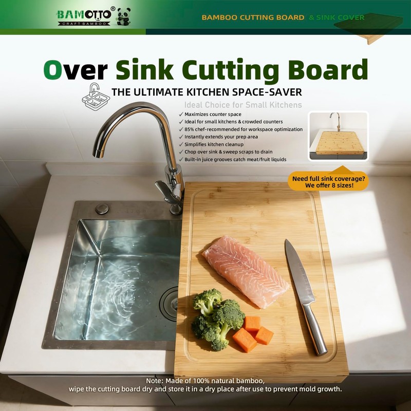 BAMOTTO CRAFTBAMBOO 15.8x22 Inch Large Bamboo Cutting Board Sink Cover