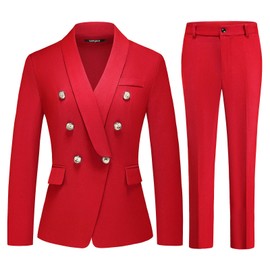 Lamgool Womens Suits 2 Piece Set Shawl Lapel Jacket and Pants Business Casual Outfits (Red, 3X-Large)