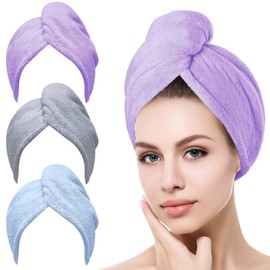 Toalla Microfibra para Cabello 3 Pack, Toalla de Cabello Seco con Botones, Gorro de Baño Ultra Absorbente de Agua , Secado de Pelo Súper Rápido, Turbante Suave Anti-Frizz para Mujer (Violeta Gris Azul)