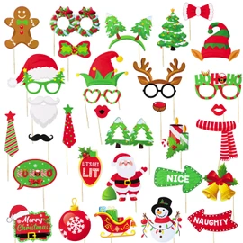 Pack of 32 Party Photo Booth Props Christmas Photo Booth Props Photo Box Accessories with Santa Claus Christmas Glasses Snowman for Birthday New Year New Year's Eve Party Accessories