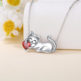 LONAGO Cat Necklace with Birthstone 925 Sterling Silver Cat Pendant Necklace Gift for Women (January - Garnet)