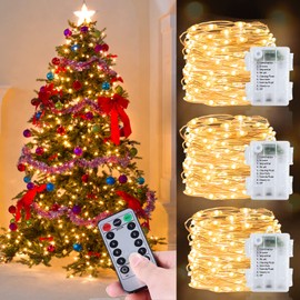[ 8 Modes & Timer ] 3 Set Christmas Lights Decorations Total 240 LED 80 Ft Remote Copper Wire String Fairy Light Battery Operated Waterproof Xmas Decor Indoor Bedroom Garden Tree 80 LED 26.2 Ft Each