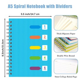 2Pcs 5 Subject Notebook, FHDUSRYO A5 Spiral Notebook with Dividers, Hardcover Notebook Double Wires Journal, 240 Pages Ruled Notebook with Pen Sticky Tab for Work, Home, School, Office (Blue Green)