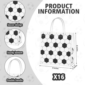 PLUVAVA 16 Pieces Soccer Clear Gift Bags Soccer Transparent Treat Goodie Bags Sport Clear PVC Snack Bags with Handles for Sports Team Birthday Holiday Party Decorations Supplies (Soccer)