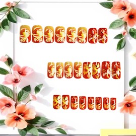 Koi Fish Press on Nails Medium Ballet Shaped Full Cover Glossy Acrylic Fake Nails Cute Fish Pattern Design Red Artificial Fingernails Medium Stick on Nail DIY Press Ons Glue on Nails for Women 24Pcs