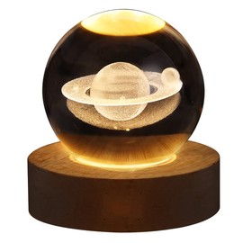 MCHERRY 3D Saturn Crystal Ball Night Light Ball Projection Lamp Planet Model,3D Crystal Ball with Led Wooden Base Gift for Christmas Thanksgiving Birthday, Home Room Decor LED Night - USB Powered