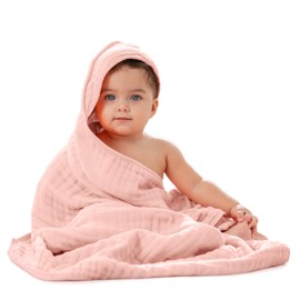 Comfy Cubs Baby Hooded 9 Layer Muslin Cotton Towel for Kids, Large 81 X 81 cm, Ultra Soft, Warm, and Absorbent. Baby Essentials Bath Towels, Cute Unisex Cover for Girls and Boys (Pack of 1, Lace Pink)
