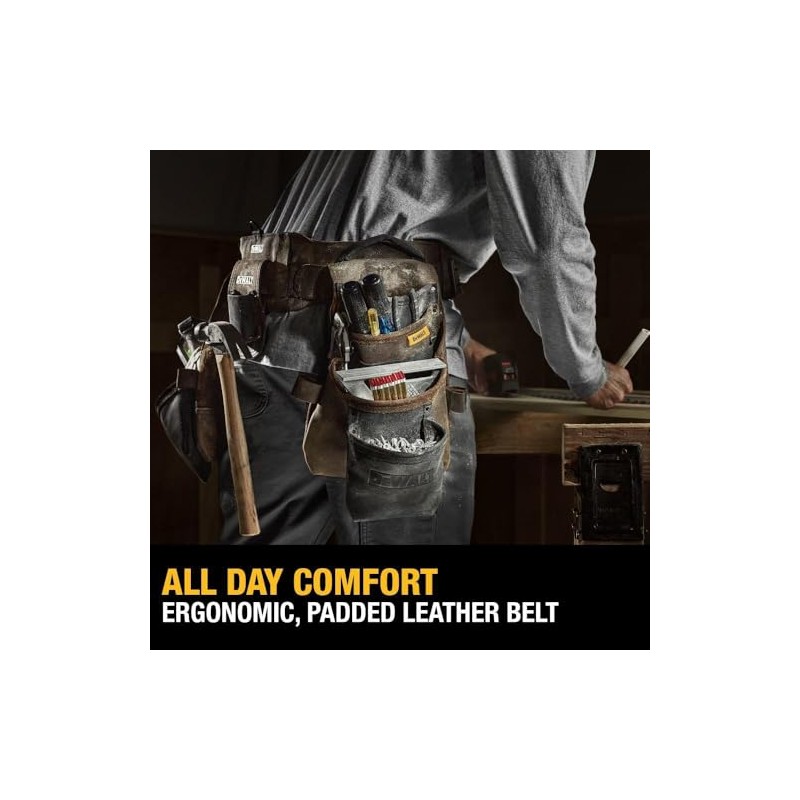 DEWALT Leather Tool Belt Organizer with 18 Pockets, Heavy Duty