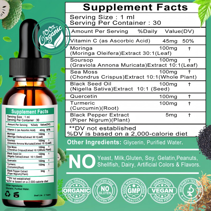Moringa Drops,Pure Moringa Oleifera Liquid Extract with Soursop Sea Moss