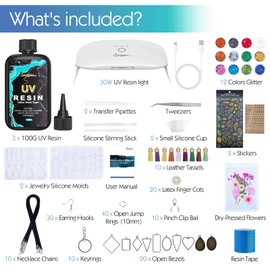 Suzzam UV Resin Jewelry Making Kit, 300g Crystal Clear UV Resin Kit with Molds, 30w & 22 Lamp Beads UV Resin Light Large for Craft Making Earrings, Necklaces, Keychains