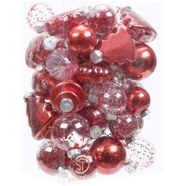 Sea Team 47-Pack Assorted Clear Christmas Ornaments, Transparent Christmas Ball Ornaments Set, Shatterproof Plastic Christmas Baubles, Xmas Bulbs, Christmas Tree Decorations, Red