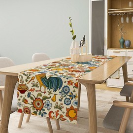 Camino de mesa de animales de granja, estilo folklórico, rústico, rústico, con estampado de flores, para el hogar, cocina, comedor, decoración de día festivo, 13 x 70 pulgadas