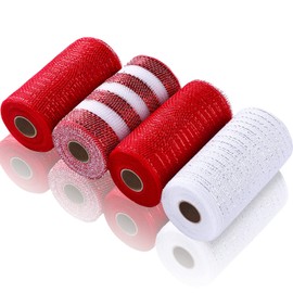 4 Rolls Mesh Ribbon, Metallic Foil Mesh Ribbon Metallic Mesh Ribbon for Door Wreath DIY Crafts Making Supplies (Red White,6 Inch)